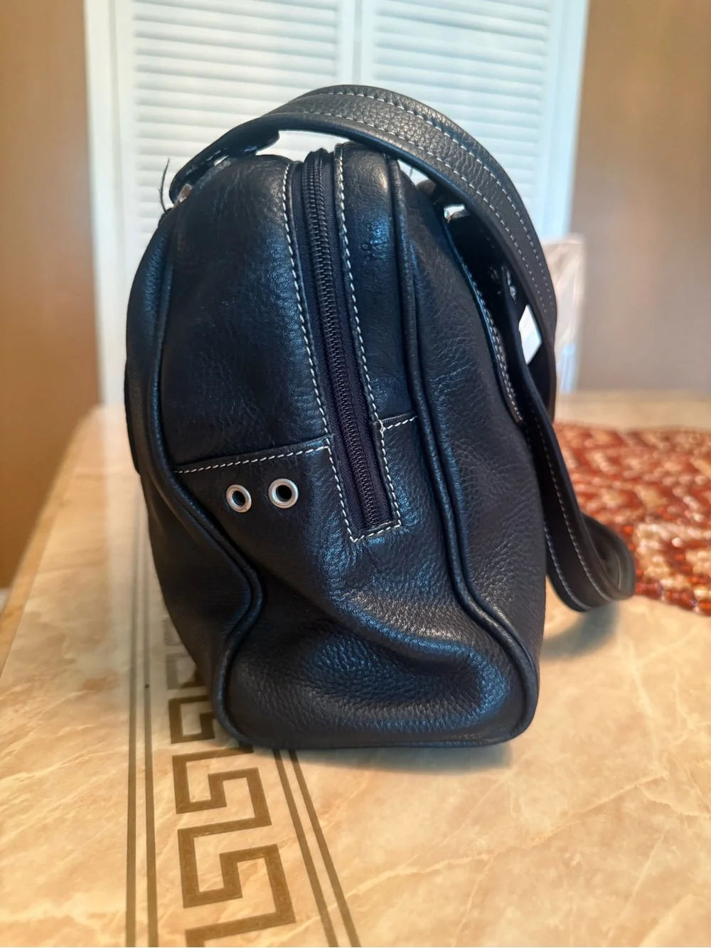 Tignanello Black Shoulder Bag with White Contrast Stitching.